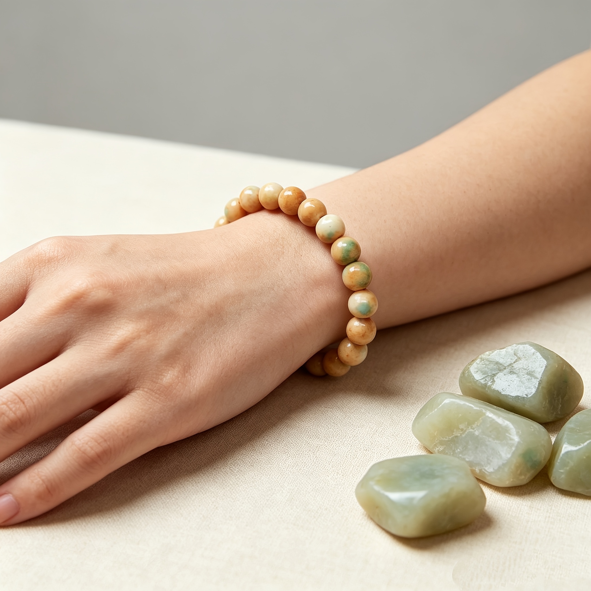 Natural Cream Beige Stone Bead Bracelet, Unisex Gift